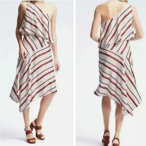 Banana Republic Red and White Stripe Dress One Shoulder Asymmetrical Midi Size 4